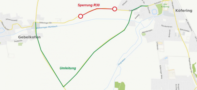 Karte Umleitung Gebelkofen - Köfering ab 03.02.2025