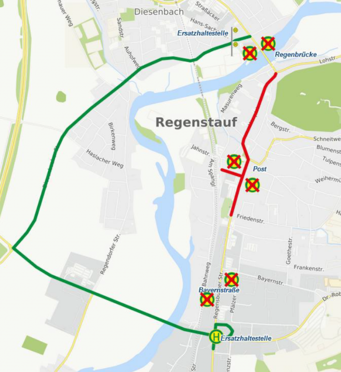 Karte Umleitung Regenstauf Occulimarkt 23.03.2025