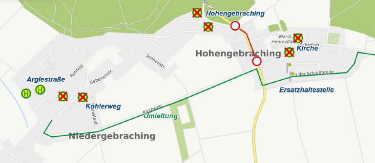 Karte Umleitung Hohengrbaching ab 18.03.2025